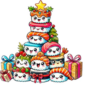 Adorable Sushi Christmas Tree Clipart | Cute Kawaii Sushi Stack with Holiday Decorations PNG for DIY Crafts,DTG T-Shirt,Mug Sublimation Gift