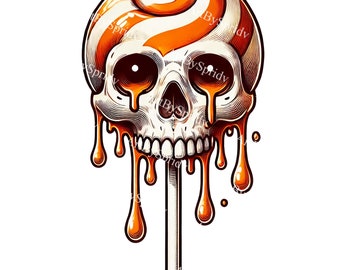 Spooky Skull Lollipop PNG Clipart, Dripping Halloween Candy Design, Melting Skeleton Clip Art for Decor, Stickers & T-Shirt Sublimation, DIY