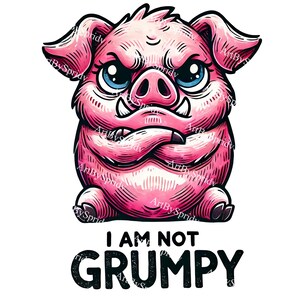 Funny Grumpy Pig Clipart - I Am Not Grumpy Cartoon Illustration PNG, Transparent Digital Download for T-Shirt Sublimation, Stickers & Crafts