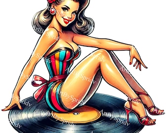 May include: A pin-up style illustration of a woman with red hair and a red flower in her hair, sitting on a black vinyl record. She is wearing a colorful striped swimsuit and red high heels.