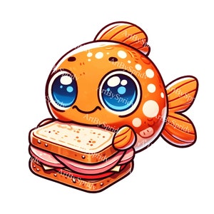 Adorabile pesce arancione PNG Clipart con panino / simpatico cartone animato pesce download digitale / trasparente per bambini Clip Art, artigianato fai da te, Scrapbooking