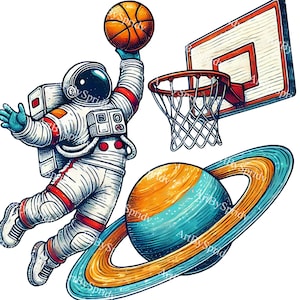 Astronauta de otro mundo haciendo un mate de baloncesto con un planeta PNG Clipart, deportes de aventura espacial, ilustración de mate cósmico para manualidades DIY