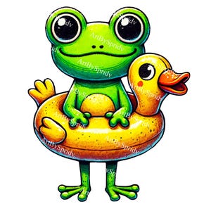 Peut inclure: Une grenouille verte portant un flotteur de canard en caoutchouc jaune avec un bec orange vif. La grenouille est assise sur le flotteur avec ses bras autour du cou du canard.
