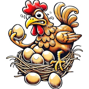 Grappige kip legt eieren Cartoon PNG-clipart, komische kip in nest met eieren, boerderijdieren transparante illustraties voor sublimatie, DIY Crafts