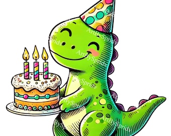May include: A green dinosaur wearing a colorful party hat holds a birthday cake with three lit candles. The cake is decorated with sprinkles and has a yellow and blue frosting.