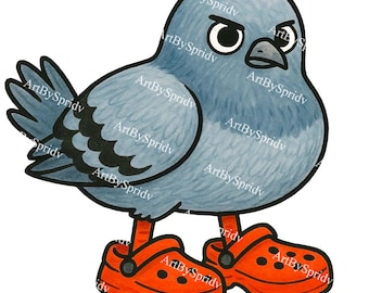 Angry Pigeon PNG Clipart with Red Crocs, Transparent Cartoon Bird Sticker Design, Printable Digital Clip Art for T-Shirt Sublimation&Crafts