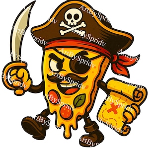 Tranche de pizza pirate PNG Clipart, dessin animé pizza avec épée, cache-oeil, carte au trésor | Conception de sublimation de nourriture de pirate pour des chemises et des travaux manuels d'enfants