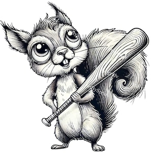 Funny Squirrel with Baseball Bat PNG, Cute Angry Animal Clipart for Sublimation, Cartoon Woodland Creature Art, Tough Forest Animal Design