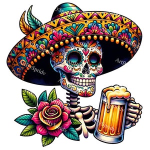 Esqueleto del Día de los Muertos con sombrero y cerveza PNG Clipart - Calavera de azúcar colorida Clip Art transparente para fiesta mexicana, decoración de fiesta, manualidades de bricolaje