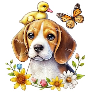 Beagle Dog with Duckling & Butterfly PNG Clipart-Realistic Animal Transparent Clip Art for Nature-Inspired DIY Crafts, Stickers, Decor, DTG