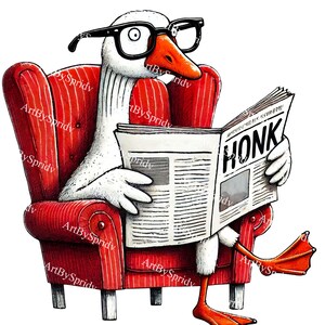 Ganso leyendo periódico PNG / Clipart de ganso inteligente con gafas sentado en una silla roja / Diseño de sublimación de camiseta transparente para camisas y manualidades DIY