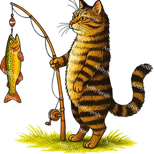 Funny Fishing Cat PNG Clipart, Cartoon Tabby Cat Holding Fishing Rod with Catch,Transparent Digital Art for T-Shirt Sublimation & DIY Crafts