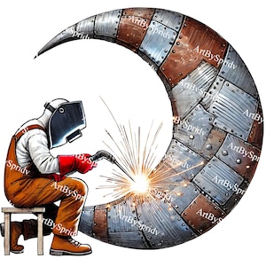 May include: A welder wearing a welding mask and protective clothing welds a crescent moon-shaped metal object. The metal object is made of multiple pieces of metal that are riveted together. The welder is holding a welding torch and sparks are flying from the weld.