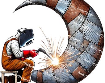 May include: A welder wearing a welding mask and protective clothing welds a crescent moon-shaped metal object. The metal object is made of multiple pieces of metal that are riveted together. The welder is holding a welding torch and sparks are flying from the weld.
