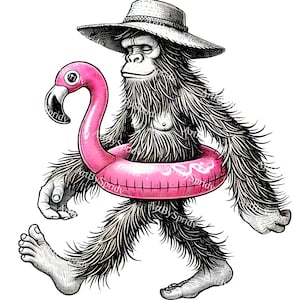 May include: A black and white illustration of a hairy creature wearing a straw hat and holding a pink flamingo pool float.
