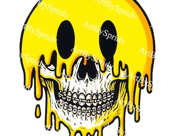Melting Smiley Face Skull PNG Clipart - Drippy Yellow Grunge Horror Transparent PNG for Halloween Sublimation, Stickers, Cricut Crafts DIY