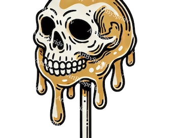 Melting Skull Lollipop PNG Clipart,Dripping Caramel Skeleton,Creepy Halloween Candy Digital Clip Art,Spooky Sweets,Gothic Print illustration