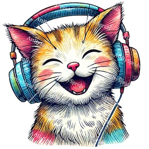 Clipart PNG de chat avec un casque, clipart chaton sur le thème de la musique, illustration féline mignonne pour T-shirts, autocollants, sublimation et projet d'artisanat de bricolage