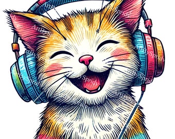 May include: A cartoon illustration of a cat wearing colorful headphones with a big smile. The cat has orange and white fur and is looking directly at the viewer.