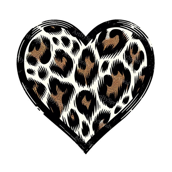 Leopard Print Heart Clipart for DTG, Mugs, Tumblers - Edgy Sketched Black Outline - Valentine's Day Sublimation PNG - Scrapbooking Design