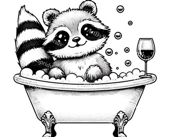 Raccoon in Vintage Bathtub PNG Clipart-Cute Animal Illustration,Bubble Bath Clip Art,Kids Download,Nursery Decor,DIY Crafts,Printable Wall