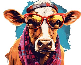 Boerderijkoe met coole zonnebril en bandana PNG-clipart, grappige dierenillustratie voor T-shirt, sublimatie mokken, download voor kinderen, kunst aan de muur