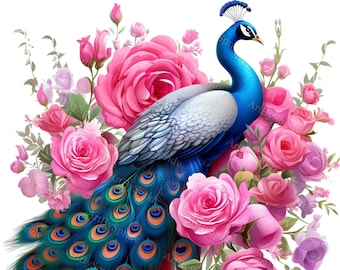 May include: A blue and green peacock with its tail feathers spread out, surrounded by pink roses and other flowers.