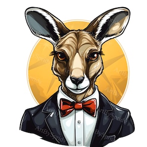 Kangaroo Gentleman Clipart PNG: Elegant Animal with Bow Tie and Glasses, Perfect for Invitations & T-Shirt Sublimation – Instant Download