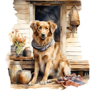 Watercolor Dog Clipart with Bandana, Farmhouse Style, Transparent PNG, Digital Download Sublimation Clip Art for DIY Crafts & Home Decor