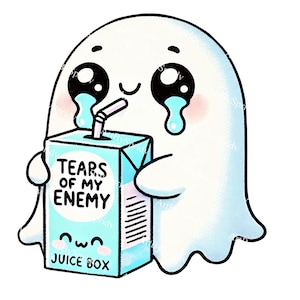 Schattig spook clipart PNG, Tears of My Enemy Juice Box Art, grappige Halloween digitale afbeelding, transparante kawaii Ghost T-shirt sublimatie