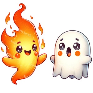Adorable Ghost & Playful Flame PNG Clipart - Transparent, High-Quality Clip Art for DIY Craft Printable Sublimation Projects, Invitations