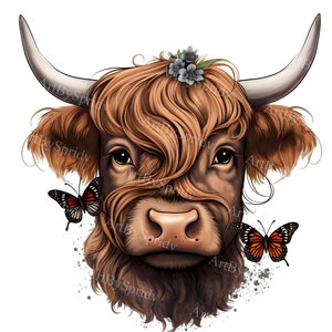 Vaca de las tierras altas con mariposa PNG Clipart: perfecto para decoración rústica de casas de campo, manualidades de bricolaje, camisetas únicas, sublimación de tazas, ilustración, regalo