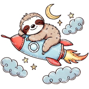 Perezoso en cohete PNG, ilustración de perezoso espacial kawaii, clipart de animal astronauta dibujado a mano, diseño infantil de sublimación transparente, decoración de guardería