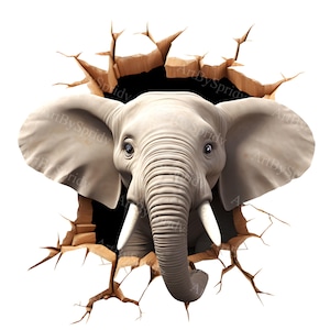3D olifant breekt door muur PNG clipart-realistische transparante illustraties voor vet decor, DIY Crafts, DTG T-shirt, mok, scrapbooking, decor