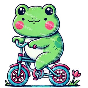 Frosch auf Fahrrad PNG Clipart, spielerische Tier Illustration für DIY Handwerk, transparente Clip Art für Aufkleber, T-Shirts, Scrapbooking, Karten
