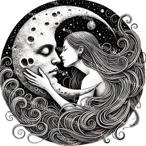 Mystical Moon and Woman Embrace PNG | Surreal Celestial Feminine Art | Spiritual Witchy Line Art | Boho Lunar Goddess Clipart for Printables