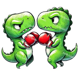 Boxing Dinosaur Cartoon Clipart, Funny Dino Duel Transparent PNG, Cute Fighting Dinosaurs Digital Download for Crafts, Stickers, Sublimation