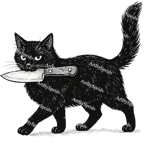 Black Cat with Knife PNG | Gothic Cat Clipart for Sublimation, Halloween Decor, Dark Humor Shirt Design, Creepy Cute Pet Illustration