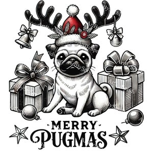 Merry Pugmas Christmas Pug with Santa Hat PNG Clipart, Reindeer Antlers & Holiday Gifts for Holiday Cards, T-Shirts, Stickers, DIY Crafts