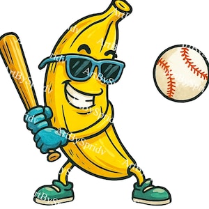 Plátano jugando al béisbol PNG / Clipart deportivo de frutas de dibujos animados para sublimación de camisetas, calcomanías, camisetas y descarga digital / Diseño veraniego genial