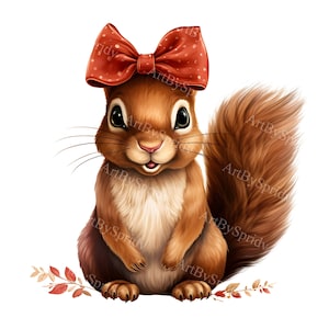 Squirrel Clipart with Red Bow, Cute Animal Transparent PNG for Scrapbooking, Nursery Art, Sublimation Designs, Woodland Decor, DIY Crafts