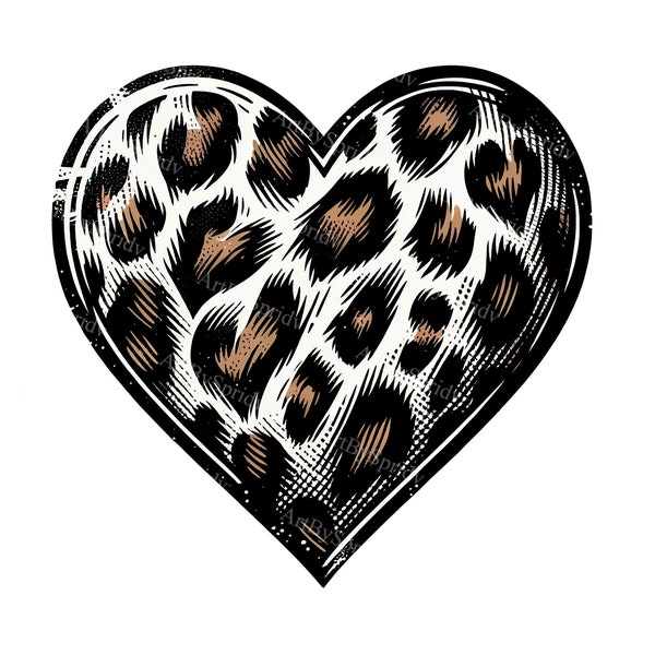 Leopard Print Heart Clipart for DTG, Mugs, Tumblers - Edgy Sketched Black Outline - Valentine's Day Sublimation PNG - Scrapbooking Design