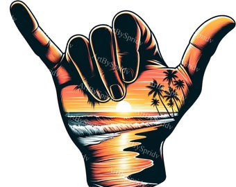 Hang los Shaka-bord Clipart: strand zonsondergang, oceaangolven - digitale PNG voor DTG T-shirt, mok, beker sublimatie & scrapbooking-illustraties