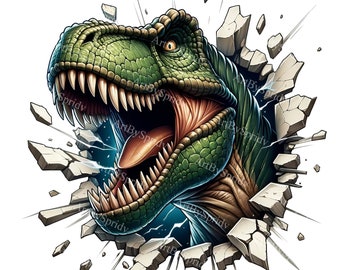 May include: A green and brown Tyrannosaurus Rex dinosaur head bursting through a cracked wall. The dinosaur has sharp teeth and a large, open mouth.
