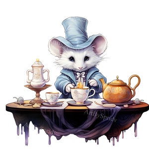 Festa do Chá do Rato PNG Clipart, Ilustração Animal para Scrapbooking, Convites, Artesanato DIY, Rato Bonito em Chapéu Azul com Bule e xícaras, Decoração