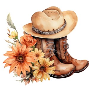 Charming Boho Cowboy Boots and Hat PNG Clipart - Watercolor Floral Western Style - Perfect for Country Decor, DIY Crafts, Invitations