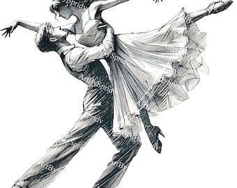 ダンス　水彩画　原画 ヴィンテージカップルダンス水彩画クリップアート、レトロロマンス無料