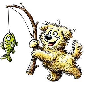 Cute Cartoon Dog Fishing PNG | Funny Golden Retriever with Fish Clipart | Transparent Dog Fishing Design for Sublimation & Craft Projects