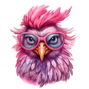Clipart PNG Transparent drôle de poulet avec des lunettes roses, conception de dessin animé enfants/adultes, sublimation imprimable, commercial, clipart animal magique