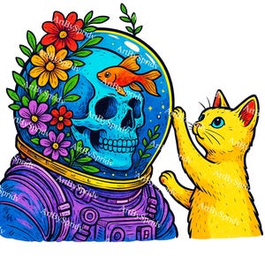 Calavera de astronauta surrealista con flores y gato PNG transparente, casco espacial psicodélico con pez dorado, clipart de sublimación psicodélico para amantes del cosmos